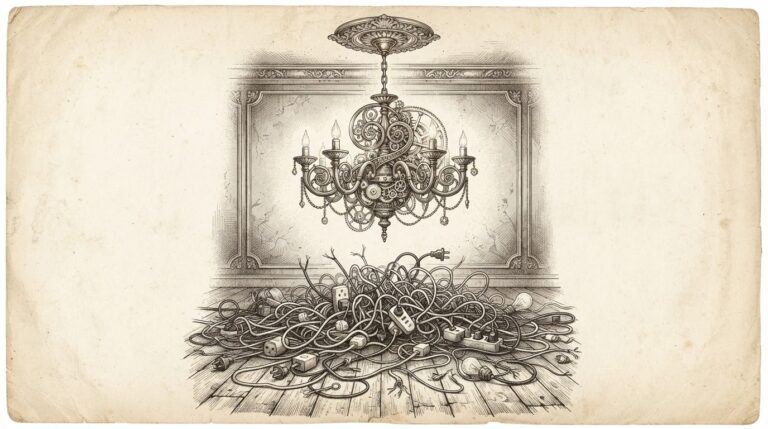 An elaborate brass chandelier with intricate clockwork mechanisms hangs majestically from a ceiling, while directly below it the floor is a chaotic tangle of mismatched extension cords, disconnected smart plugs, half-plugged light bulbs, and frayed wires - representing the disconnect between sophisticated AI hub hardware and messy real-world smart home management.