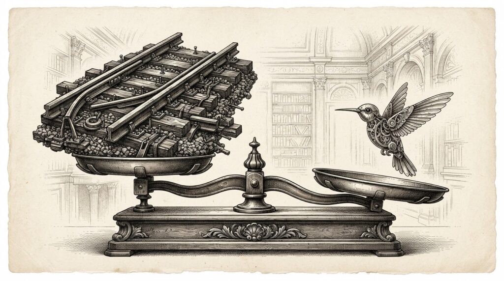 A balance scale with a massive payment rail on one side and a tiny autonomous agent on the other, rendered as a pen-and-ink engraving. The scale tips toward the agent, suggesting the weight of national infrastructure tilting toward autonomous commerce.