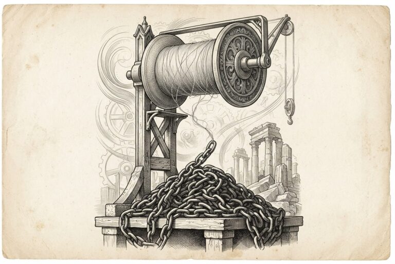 A massive spool of thread unwinding, the thread transforming from fine silk into heavy chain that piles beneath it - capital velocity accumulating weight. Monochrome pen-and-ink engraving on warm paper. Conceptual, not literal.
