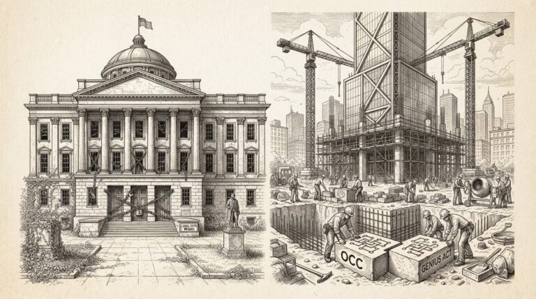 A grand stone building representing Congress with dark windows and chained doors, while beside it an active construction site builds a modern financial tower on blockchain-patterned foundation stones labeled OCC and GENIUS Act. Monochrome pen-and-ink engraving on warm off-white paper.