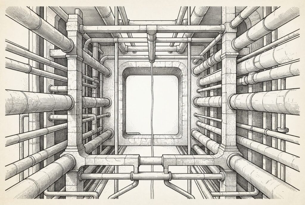 A conceptual ink diagram of massive stone channels and pipes forming an intricate infrastructure network, with a single thin thread of water running through the center - the physical substrate dwarfs the nascent agent activity it enables.