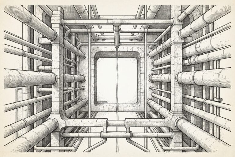 A conceptual ink diagram of massive stone channels and pipes forming an intricate infrastructure network, with a single thin thread of water running through the center - the physical substrate dwarfs the nascent agent activity it enables.