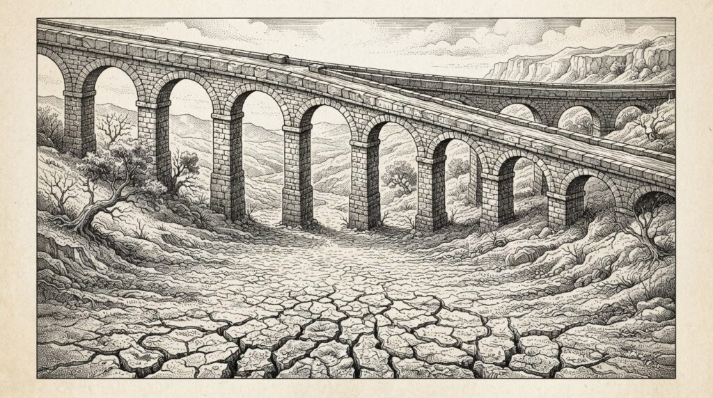 A vast dry riverbed of cracked earth in the foreground, with an elaborate stone aqueduct on arches carrying a thin stream of water across the valley above - the legislative channel sits empty while institutional infrastructure carries the flow regardless.