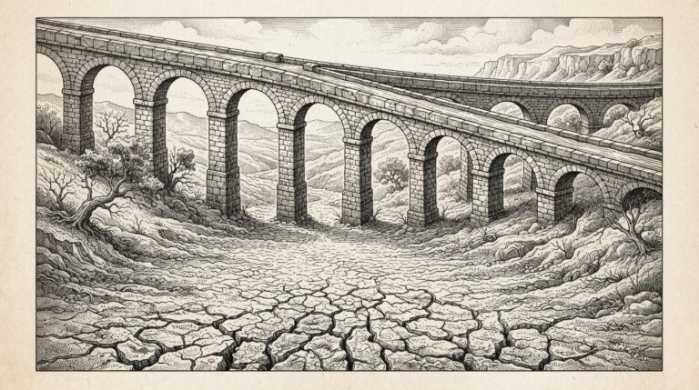 A vast dry riverbed of cracked earth in the foreground, with an elaborate stone aqueduct on arches carrying a thin stream of water across the valley above - the legislative channel sits empty while institutional infrastructure carries the flow regardless.