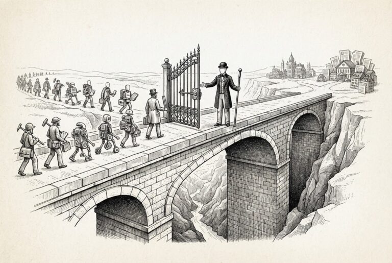 A faceless gatekeeper stands at the midpoint of an ornate stone bridge, controlling what passes between the human figures and automated mechanisms on one side and the applications on the other