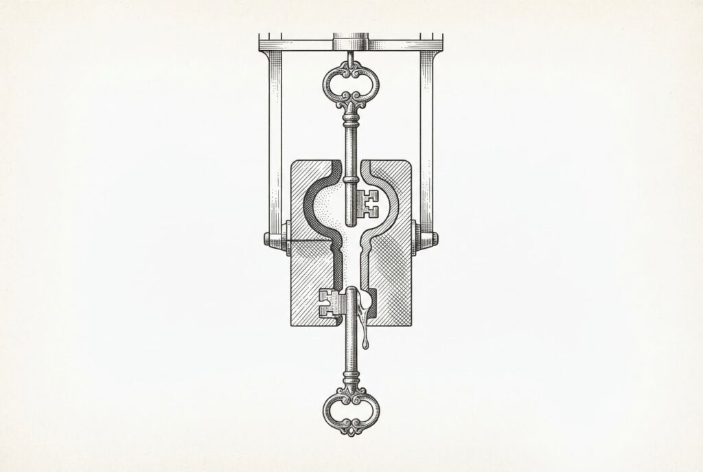 Pen-and-ink illustration of an ornate iron key serving as a mold from which a second identical key is being cast - the tool producing the tool