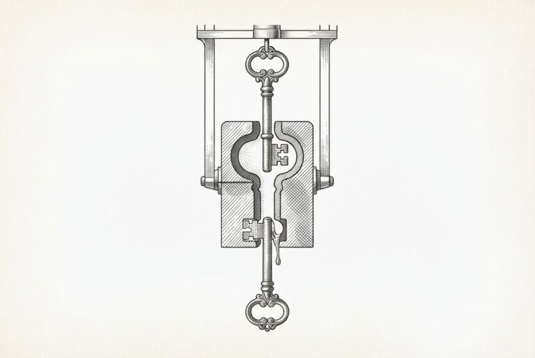 Pen-and-ink illustration of an ornate iron key serving as a mold from which a second identical key is being cast - the tool producing the tool