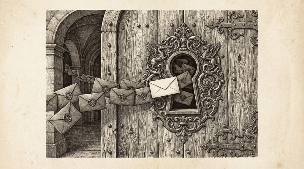 A grand ornate keyhole in a massive door with sealed envelopes flowing through, one slipping through unsealed and unmarked - representing the trust gap where ML model artifacts bypass CI/CD verification built for code artifacts.