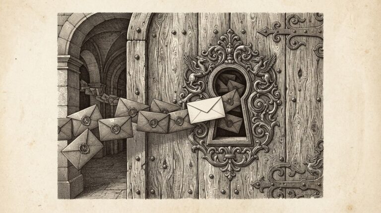 A grand ornate keyhole in a massive door with sealed envelopes flowing through, one slipping through unsealed and unmarked - representing the trust gap where ML model artifacts bypass CI/CD verification built for code artifacts.