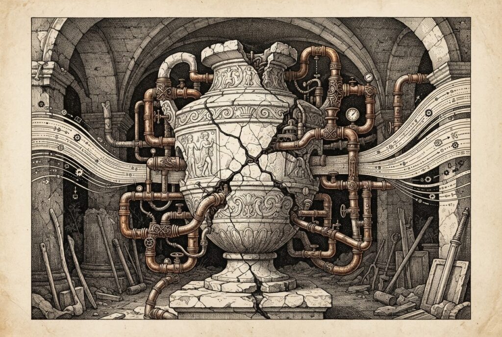 A cracked or fractured artifact repository container with ornate pipes and conduits flowing through it, symbolizing compromised supply chain infrastructure - monochrome pen-and-ink engraving