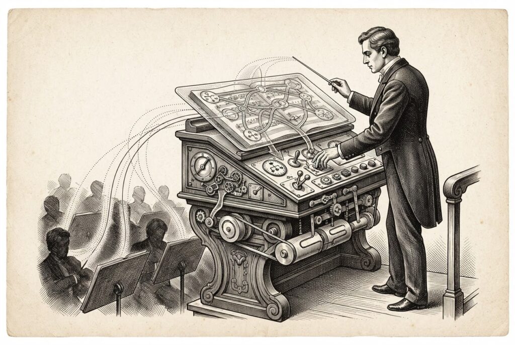 Orchestration conductor's podium gaining new controls for agent governance, monochrome pen-and-ink engraving, no text