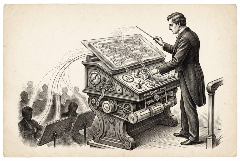 Orchestration conductor's podium gaining new controls for agent governance, monochrome pen-and-ink engraving, no text