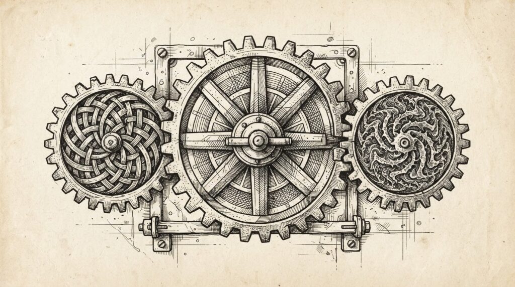 Pen-and-ink engraving of three interlocking mechanical gears with distinct abstract patterns, meshing imperfectly with visible gaps between teeth