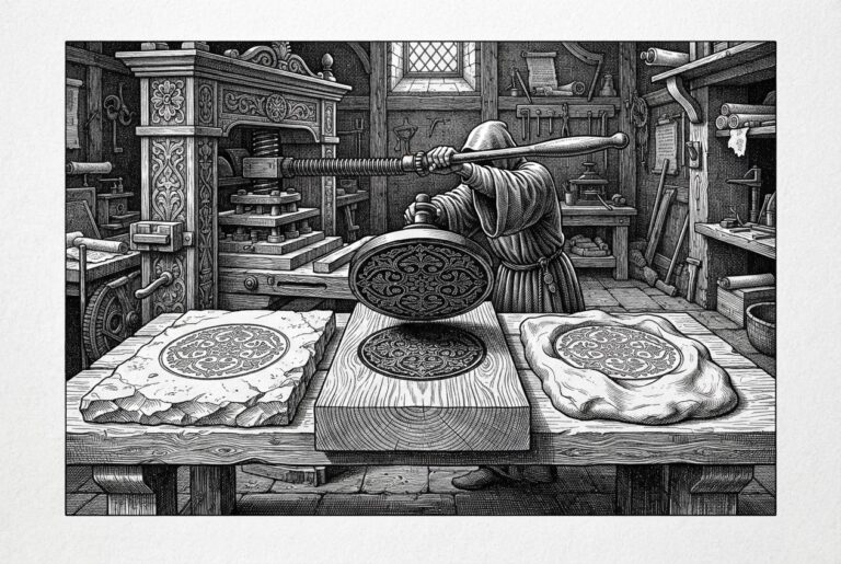 An ornate ancient printing press stamping identical patterns into three different materials - stone, wood, and clay - the opinionated default spreading across infrastructure layers