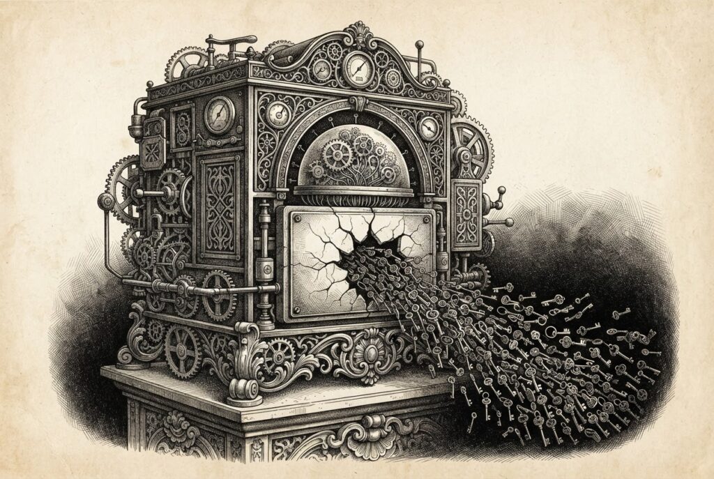 A low-code AI application interface rendered as an ornate classical machine with a cracked panel, streams of key-shaped tokens flowing outward into a dark void - conceptual allegory for credential harvesting through compromised AI infrastructure