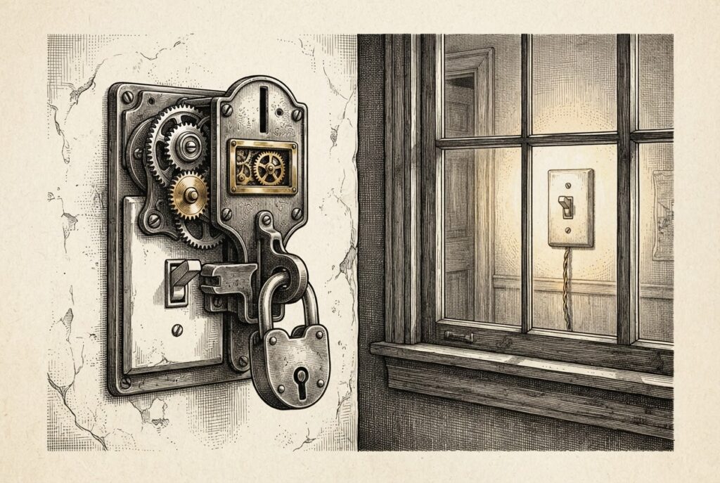 A Victorian-era coin-operated mechanism bolted over a simple domestic light switch, with gears and a padlock freezing the switch mid-throw, while through a nearby window a warm glow reveals a plain working switch—the un-gated alternative.