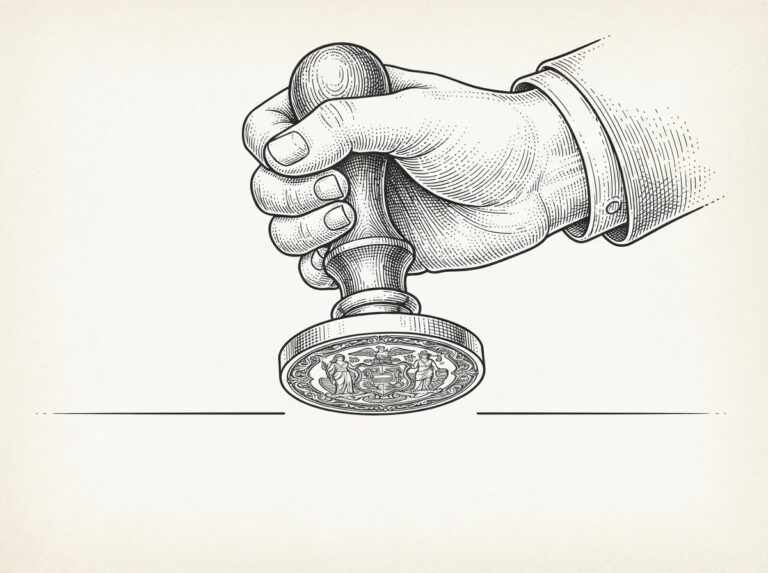 A hand holding an ornate official seal presses downward with institutional weight, but the receiving surface beneath it is absent - a gap where the official record should be, representing regulatory authority meeting institutional void
