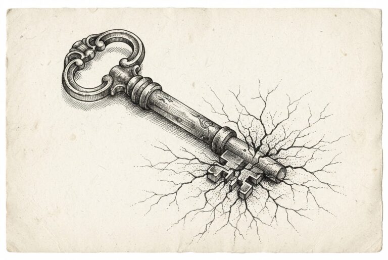 An antiquated brass key with fine cracks radiating from its teeth, symbolizing the Linux kernel's cryptographic subsystem failure enabling deterministic root privilege escalation.