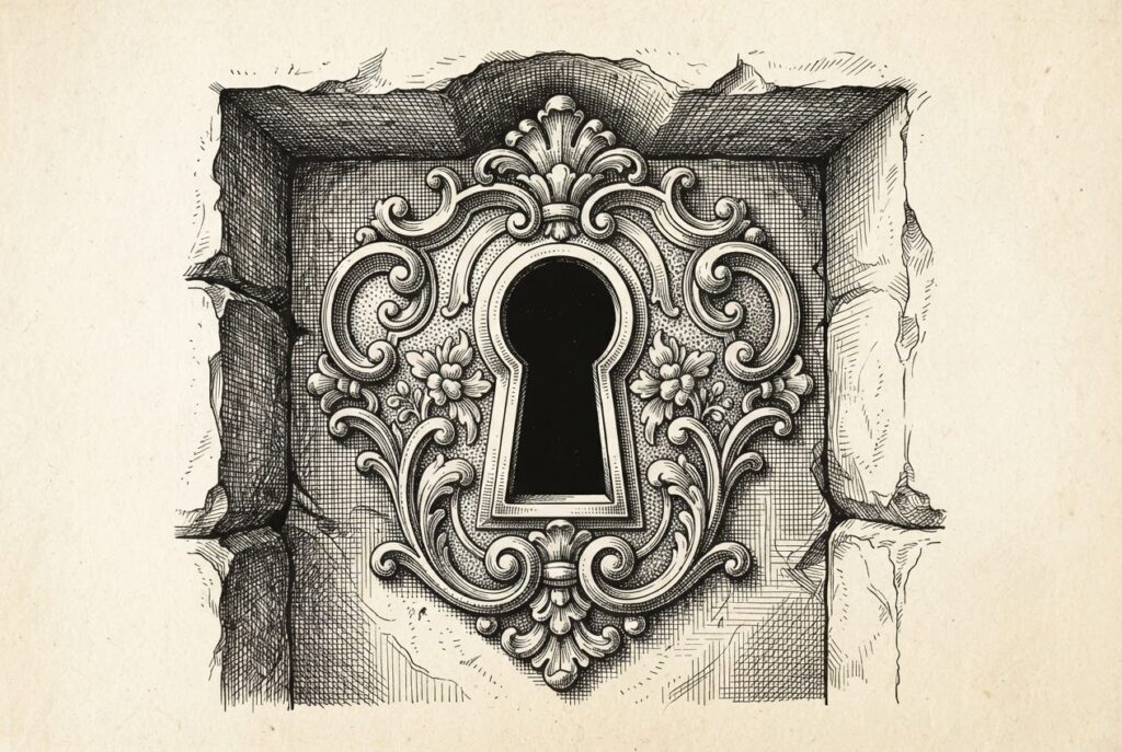 An ornate keyhole in a brick wall with darkness behind it and no visible lock mechanism, symbolizing authentication bypass where the relay layer appears secured but has no enforcement.