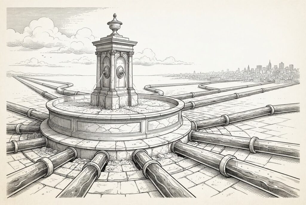 Grand civic fountain cracked and dry with pipes radiating outward to distant horizons - a system engineered to distribute globally while the home source stays empty