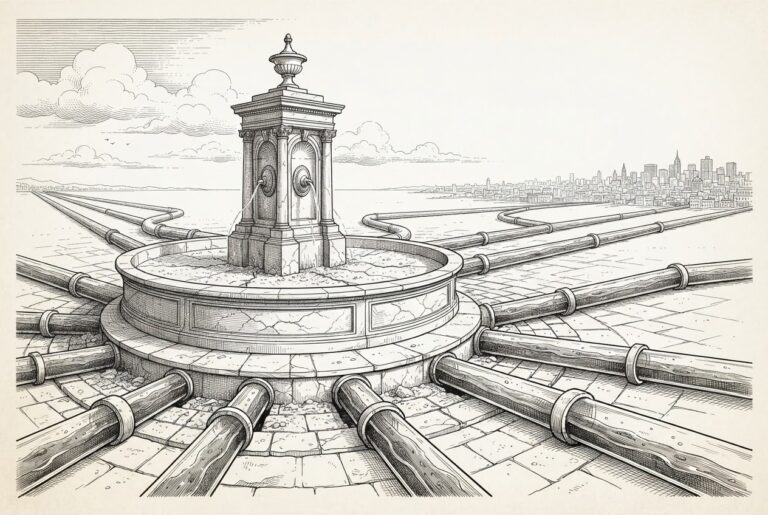 Grand civic fountain cracked and dry with pipes radiating outward to distant horizons - a system engineered to distribute globally while the home source stays empty