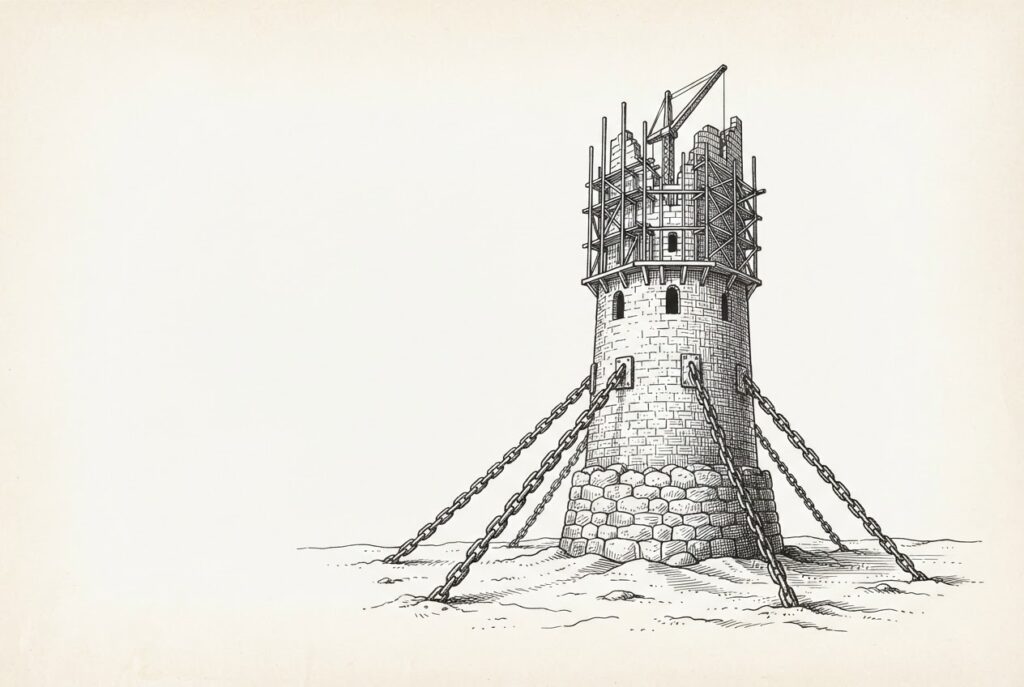 A half-built stone tower wrapped in scaffolding, reaching upward, with heavy iron chains bolted to its base running taut downward into the earth - the edifice straining for height while being held down by regulatory force.