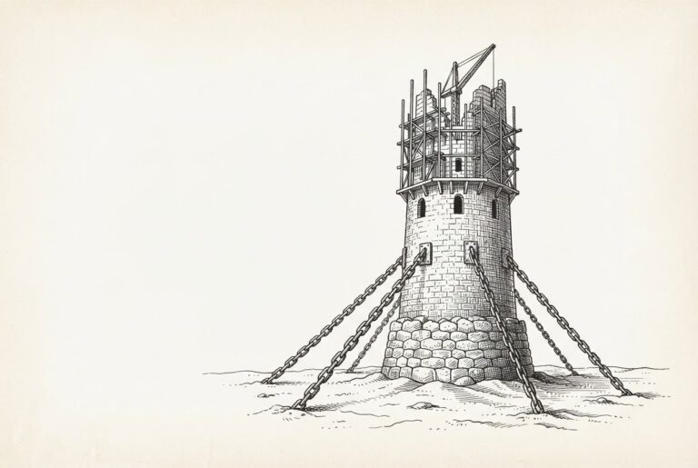 A half-built stone tower wrapped in scaffolding, reaching upward, with heavy iron chains bolted to its base running taut downward into the earth - the edifice straining for height while being held down by regulatory force.