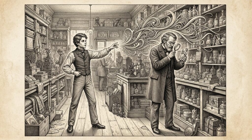 A teenager using an AI shopping agent while an adult shops traditionally, illustrating the generational adoption gap.