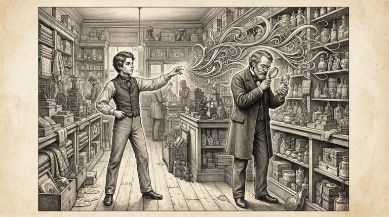 A teenager using an AI shopping agent while an adult shops traditionally, illustrating the generational adoption gap.