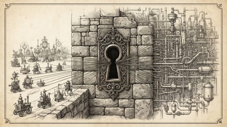 An ornate keyhole in a thick stone wall with dozens of fine threads converging through it, representing an ecosystem that appears open but is structurally controlled through a single gateway.