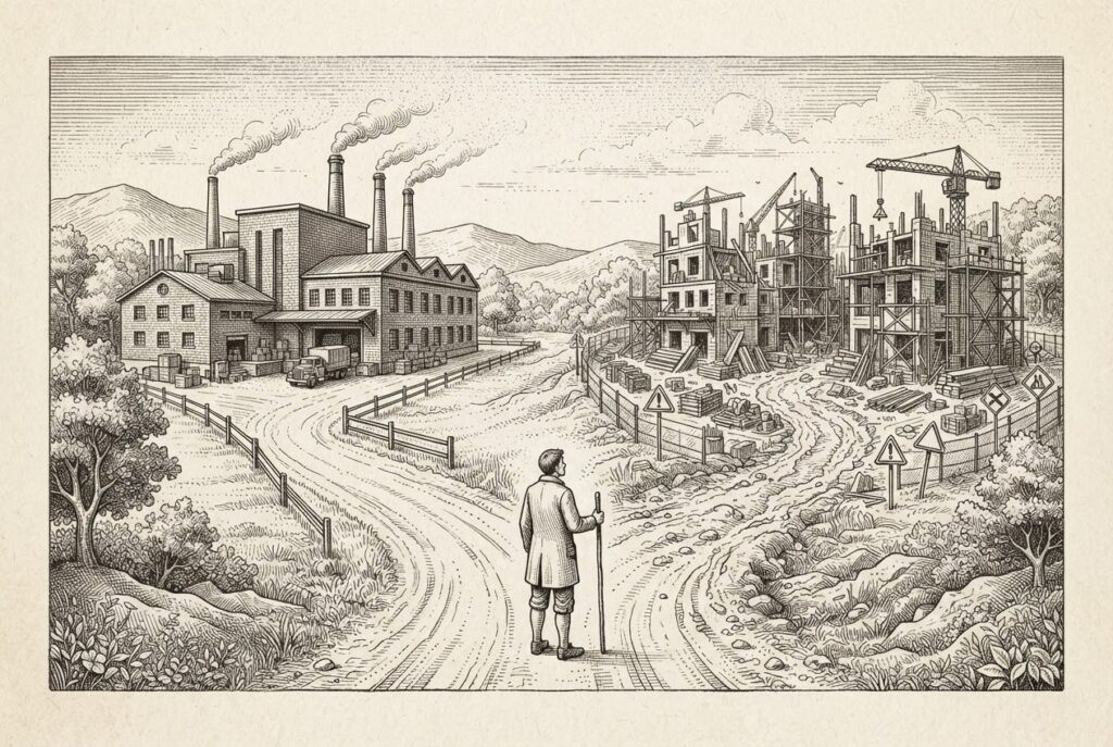 Monochrome pen-and-ink engraving of a fork in the road: the left path leads to an orderly factory building representing vendor tools, the right path leads to a chaotic construction site with half-built structures representing internal builds, with a lone figure standing at the decision point