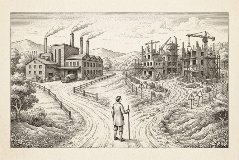 Monochrome pen-and-ink engraving of a fork in the road: the left path leads to an orderly factory building representing vendor tools, the right path leads to a chaotic construction site with half-built structures representing internal builds, with a lone figure standing at the decision point