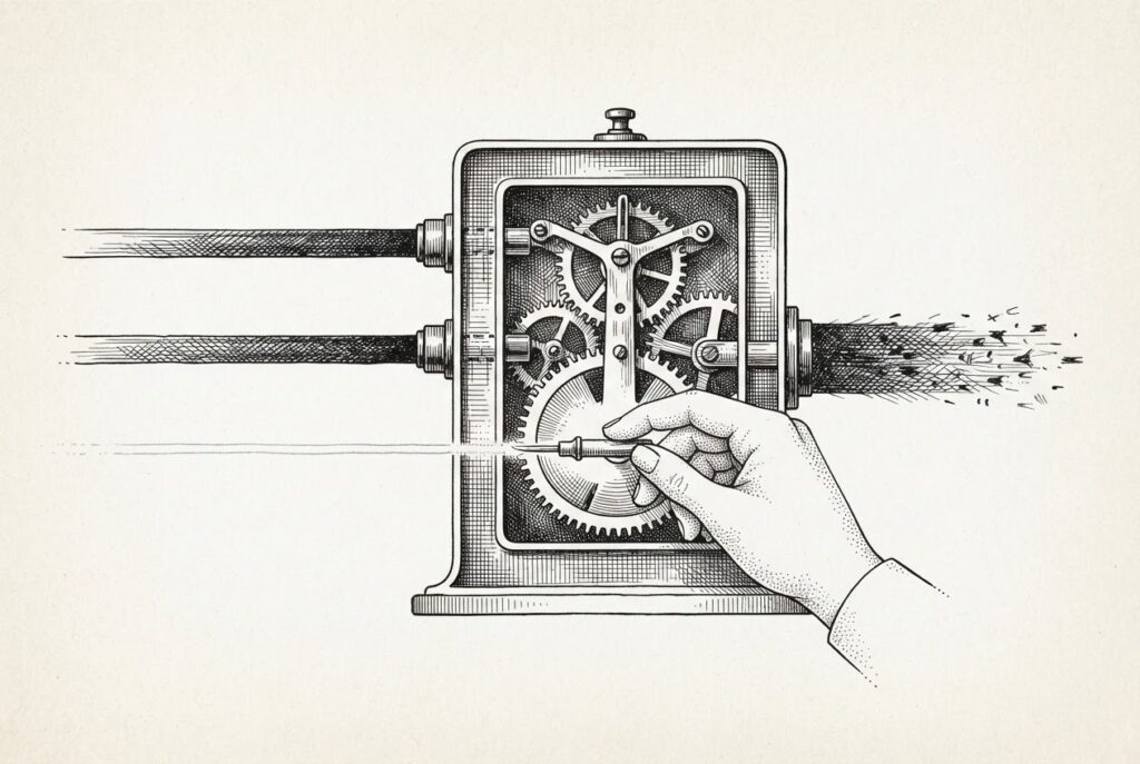 Abstract flowing lines and radiating forms representing three parallel streams of signal converging at a central point of completion. Monochrome pen-and-ink engraving. No literal devices or technology.