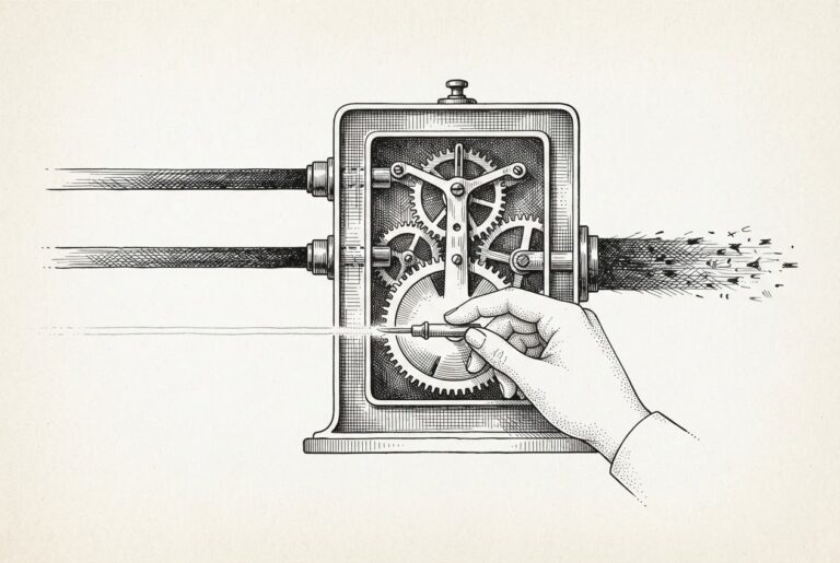 Abstract flowing lines and radiating forms representing three parallel streams of signal converging at a central point of completion. Monochrome pen-and-ink engraving. No literal devices or technology.