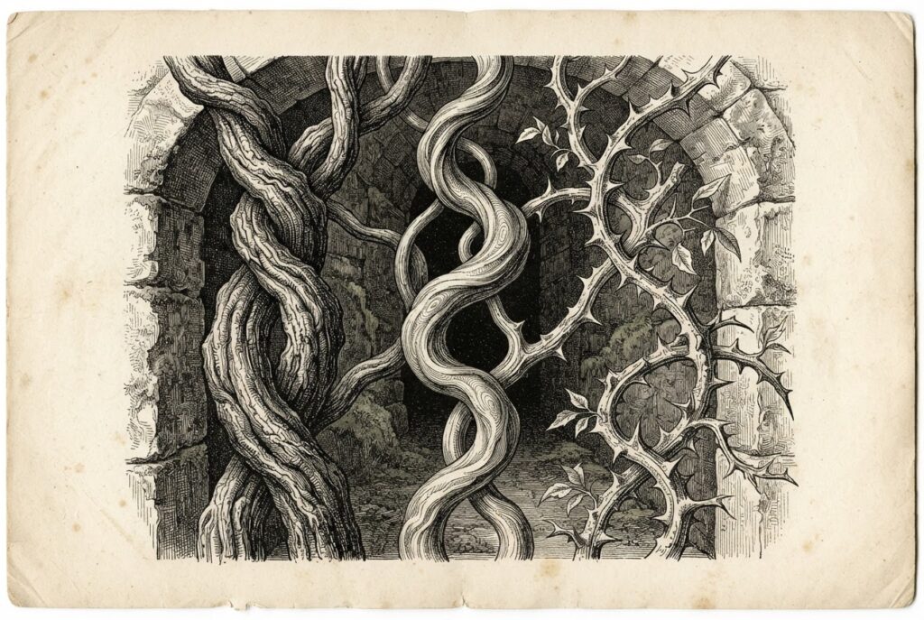 Three intertwined organic vines forming a natural barrier across a passage, each with different texture and growth pattern - a metaphor for three enterprise vendors embedding governance enforcement into the same protocol layer. Pen-and-ink engraving with cross-hatching and stippling on warm aged paper.