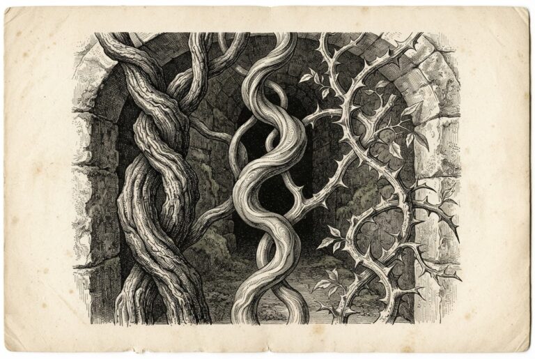 Three intertwined organic vines forming a natural barrier across a passage, each with different texture and growth pattern - a metaphor for three enterprise vendors embedding governance enforcement into the same protocol layer. Pen-and-ink engraving with cross-hatching and stippling on warm aged paper.