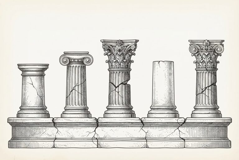 Five distinct classical columns rise from a single shared foundation, each column a different architectural order-Doric, Ionic, Corinthian, Tuscan, Composite-competing for dominance rather than forming a unified structure. Pen-and-ink engraving on warm aged paper.