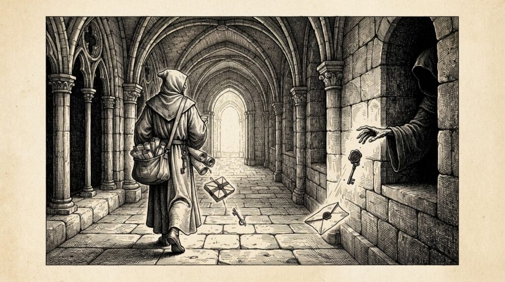 A robed messenger walks through a stone corridor carrying sealed letters while a hand from the shadows catches falling wax seals and keys from a broken envelope. Monochrome pen-and-ink engraving.