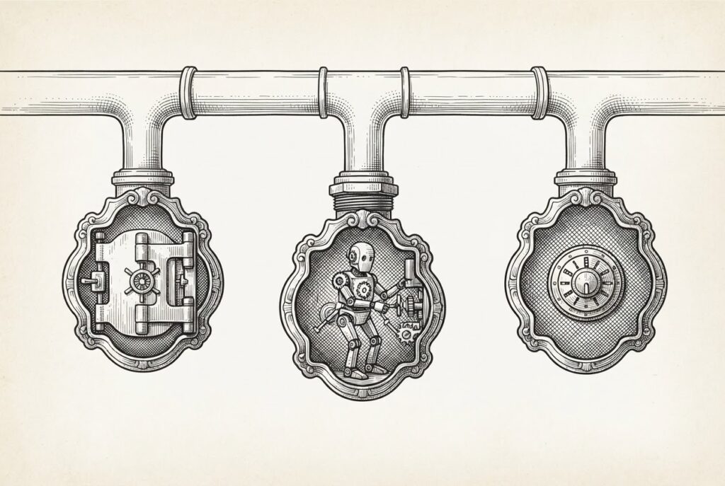 A Victorian-era pipe network runs horizontally across the top—simple, unadorned, representing the universal MCP protocol. From it, three junction nodes branch downward into distinct ornate sealed chambers, each with a different proprietary fitting. The trunk pipe remains open and simple above; the lock-in is at the nodes, not the pipe.