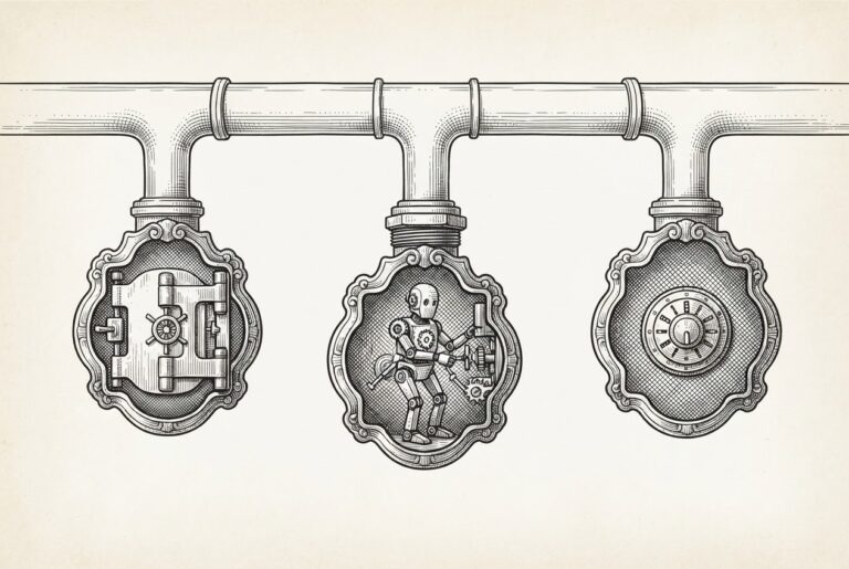 A Victorian-era pipe network runs horizontally across the top—simple, unadorned, representing the universal MCP protocol. From it, three junction nodes branch downward into distinct ornate sealed chambers, each with a different proprietary fitting. The trunk pipe remains open and simple above; the lock-in is at the nodes, not the pipe.
