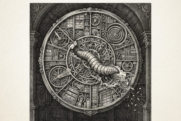 A microscopic parasitic worm burrowing into an ornate memory vault with intricate mechanical clockwork mechanisms representing stored data - symbolizing the first supply-chain attack targeting AI agent memory infrastructure