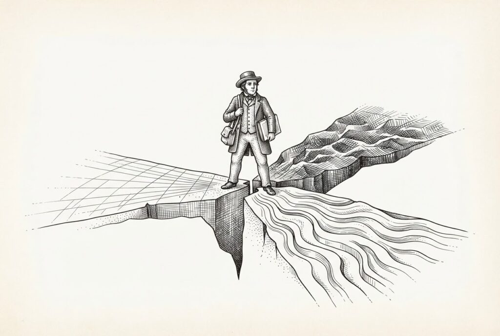 A merchant figure standing at a point where the ground fractures into three diverging planes, each etched with distinct surface patterns - geometric grid, flowing channels, dense cross-hatching - representing three competing agent identity standards pulling in different directions.