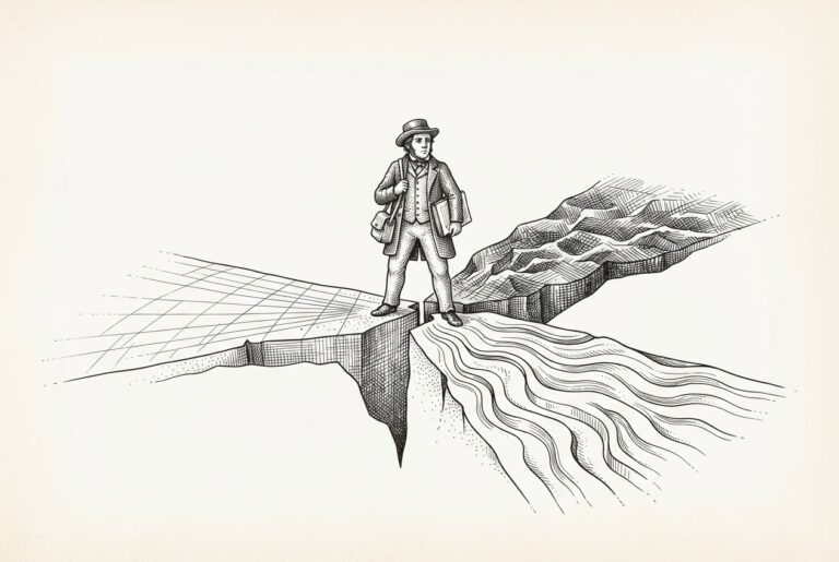 A merchant figure standing at a point where the ground fractures into three diverging planes, each etched with distinct surface patterns - geometric grid, flowing channels, dense cross-hatching - representing three competing agent identity standards pulling in different directions.