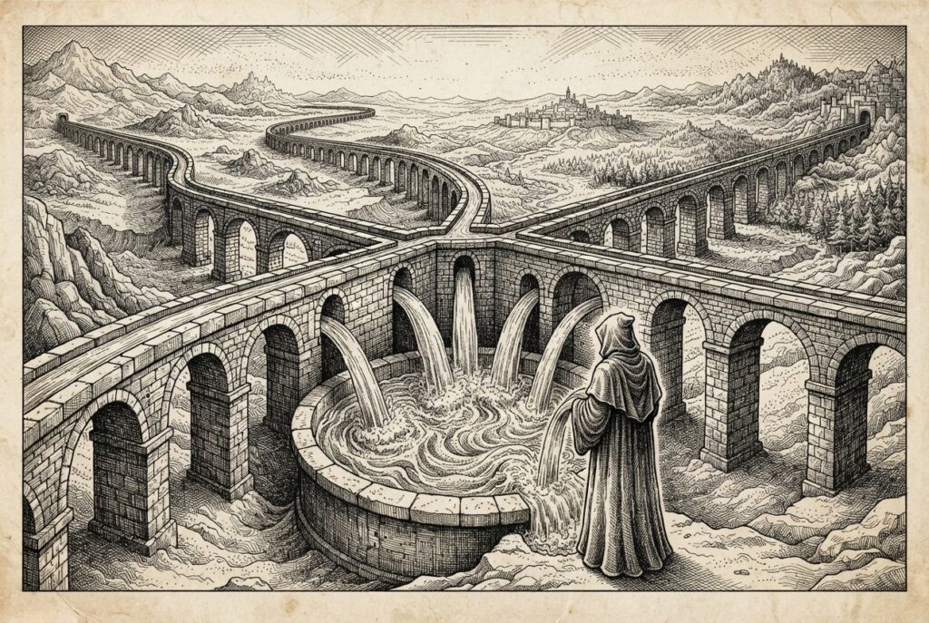 Multiple ancient stone aqueducts converging from different directions into a central basin where a faceless hooded figure stands receiving the flows - the distribution layer catching up to the settlement layer