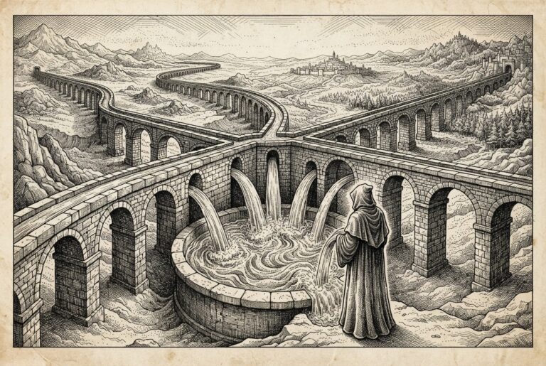 Multiple ancient stone aqueducts converging from different directions into a central basin where a faceless hooded figure stands receiving the flows - the distribution layer catching up to the settlement layer