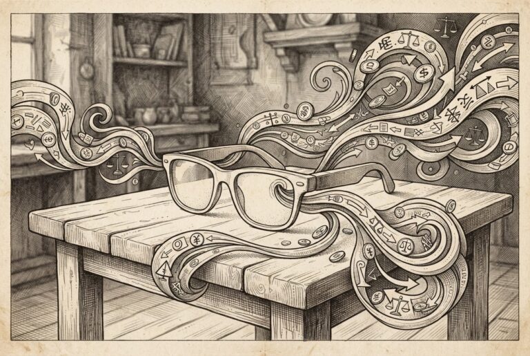 A pair of camera-free smart glasses sitting on an empty table, with streams of payment symbols and commerce flows emanating from them, but no person or agent figure present - the hardware is shipping, the agent layer is not