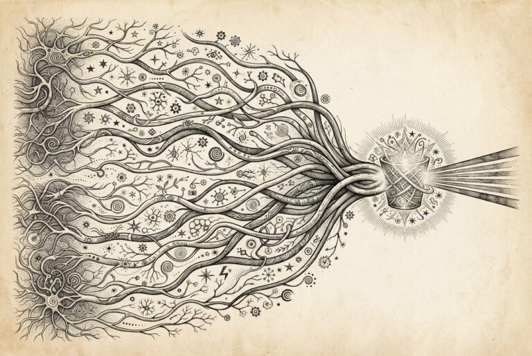 16 parallel reasoning pathways converging into a single synthesized response - the parallel-agent architecture reaching consumer devices as monochrome pen-and-ink engraving