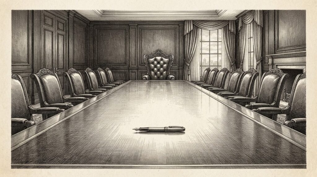 A grand boardroom table stretches toward an ornate executive chair at the far head — completely empty. Other chairs pushed back, abandoned. A single fountain pen rests on the polished surface. The enterprise platform is announced but the customers are not seated yet.