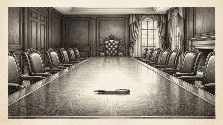A grand boardroom table stretches toward an ornate executive chair at the far head — completely empty. Other chairs pushed back, abandoned. A single fountain pen rests on the polished surface. The enterprise platform is announced but the customers are not seated yet.