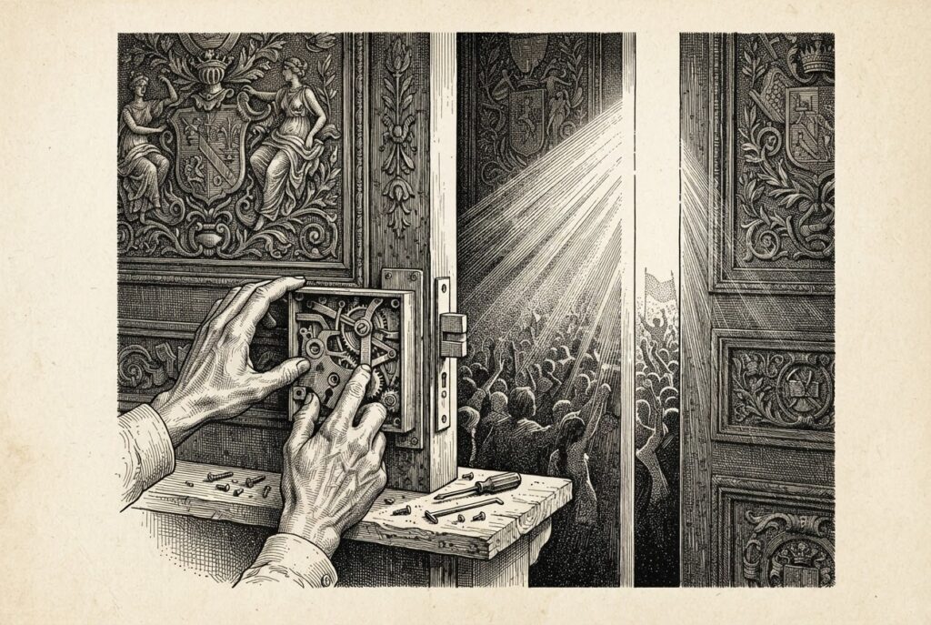 A lock being hurriedly repaired moments before a door opens to a crowd, symbolizing Meta's rush to patch the Muse macOS zero-day before the Connect 2026 keynote.
